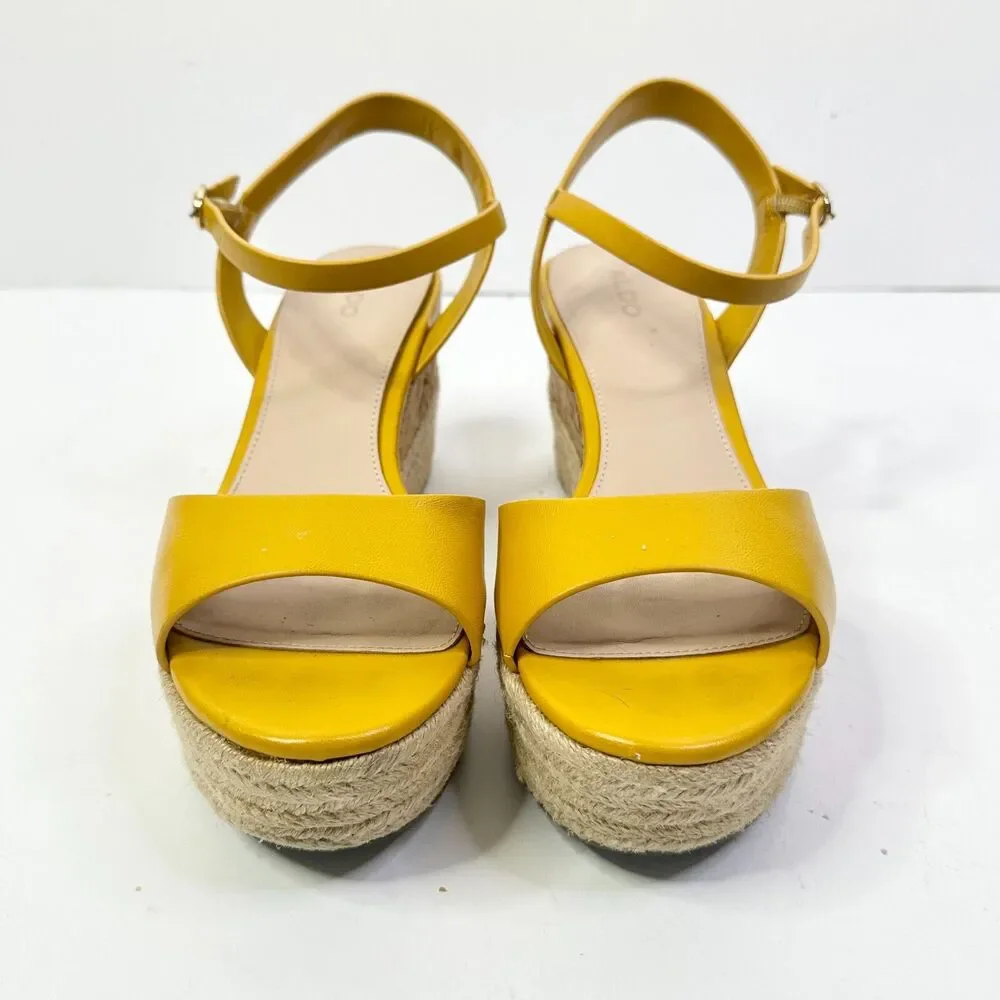 Aldo Sandals Women 9 Yellow Cork Platform Wedge Shoe Ankle Strap Festival Boho